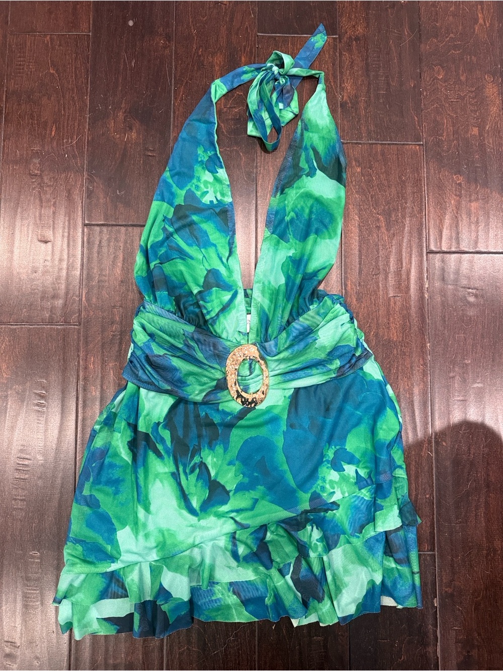 Green & Blue Halter Mini Dress with Decorative Buckle